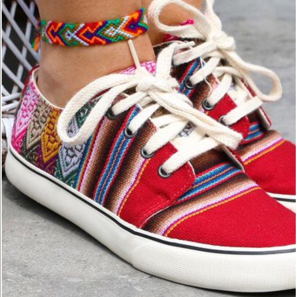 Aztec Red Low Top Handmade Festival Boho Sneakers - Picture 4 of 7